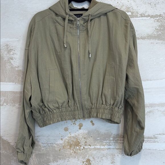 Zara Hemp Linen Jacket Hooded Cropped Khaki size XL (NWT) - Picture 1 of 5